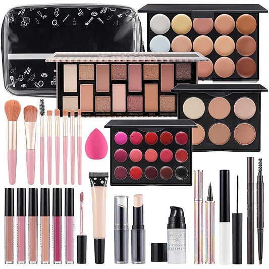 Makeup Kit For Women Full kit, Makeup Set For Teen Girls Eyeshadow Lip gloss Lipstick Make up Brushes Eyebrow Eyeliner Pen Liquid Concealer Foundation Primer Puff Eye shadow Shields Eye Brow Stencil-VeraVaultWomen