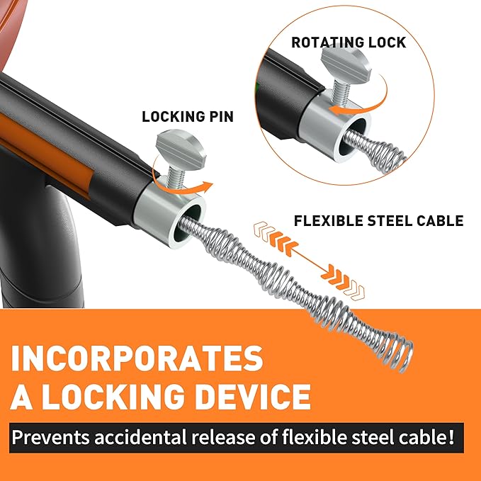 BACOENG 50Ft Drain Auger, Heavy Duty Plumbing Snake with Drill Adapter, Use Manually or Powered for Drain Clog, Shower Sink, Comes with Gloves and Bag (Orange)