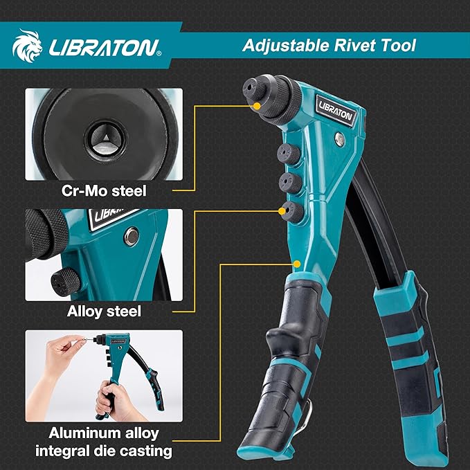 LIBRATON Heavy-Duty Rivet Gun, Pop Rivet Gun Set, Professional Hand Riveter, Manual Riveting Tool with 160 Aluminum Rivets, Includes 4 Drill Bits, 4 Tool-Free Interchangeable Nozzles, Storage Case