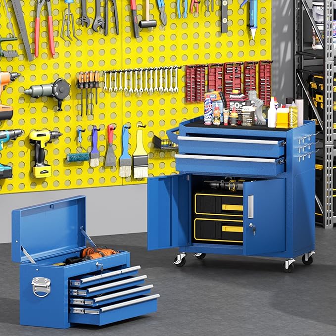 Greenvelly Tool Chest, 8-Drawer Rolling Tool Chest with Hooks and Lockable Wheels,Metal Storage Detachable Top Tool Box with Lockable Wheels for Garage,Workshop,Art Studio(Blue)