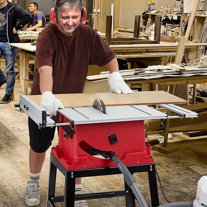 Table Saw, 10 Inch 15A Multifunctional Jobside Table Saw with Stand & Push Stick, 90° Cross Cut & 0-45° Bevel Cut, 5000RPM, Adjustable Blade Height for Woodworking