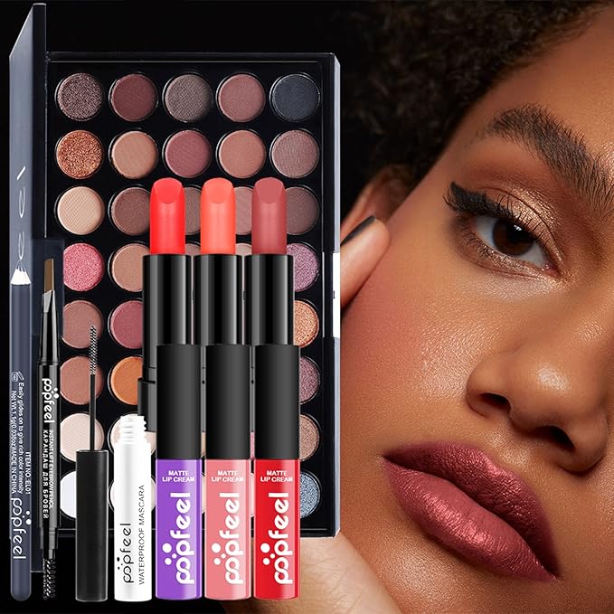 Makeup Kit For Women Full Kit, Naked Shimmer Eyeshadow Palette, Waterproof Black Eyeliner & Mascara, Makeup Tools Set, Lipstick, Premium Synthetic Foundation Powder for Medium to Dark Skin-VeraVaultWomen
