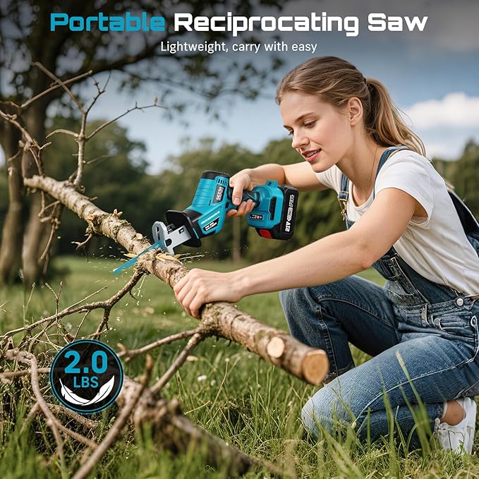 Seesii Reciprocating Saw Cordless, Variable Speed 3500 RPM Brushless Motor with 8 Saw Blades, 2 x 4.0Ah Batteries, LED Light, Tool‑Free Blade Change, Portable for Wood PVC Cutting
