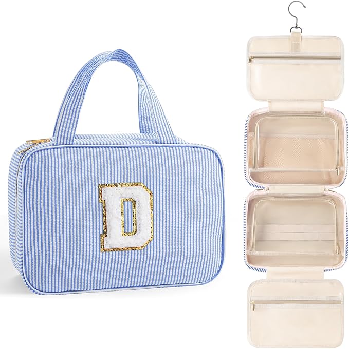 TOPEAST Travel Toiletry Bag for Women - Hanging Toiletry Bag, Large Capacity Personalized Travel Toiletry Bag and Makeup Bag, Travel Essentials Portable Toiletries Travel Bag - Letter D, Blue