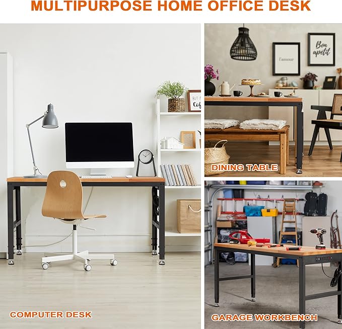 Haddockway Adjustable Workbench for Garage, 60" x 22" Rubber Wood Top Worktable with Power Outlets, Max 2000 Lbs Load Capacity Heavy Duty Workstation for Workshop Office Home (Black Frame, 60in)