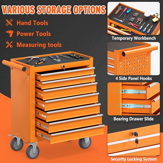 7 Drawers Rolling Tool Chest, Large Capacity Metal Tool Box with Wheels and Drawers, Tool Storage Cabinet with Keyed Locking, Tool Organizer Box for Garage, Workshop, Warehouse, Orange