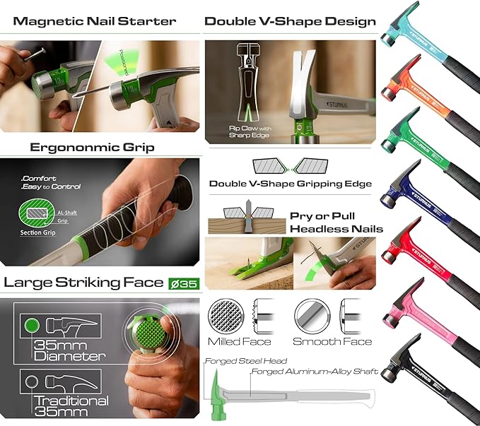 Sturnus Blue 13oz Velocity Rip Claw Hammer – 13oz, Lightweight Aluminum & Ergonomic, Pro-Grade with Anti-Vibration Grip (Smooth Face, Short Handle)