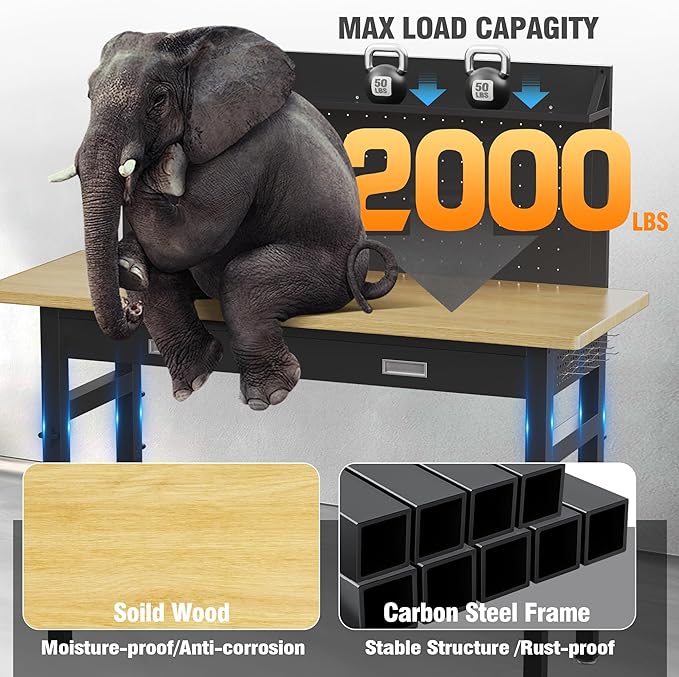 60" Heavy Duty Work Bench with Drawers, Adjustable Height 2000 Lbs Garage Workbench with Pegboard Pad & Power Outlets & Wheels, Mobile Tool Work Table for Workshop Woodworking Home Office