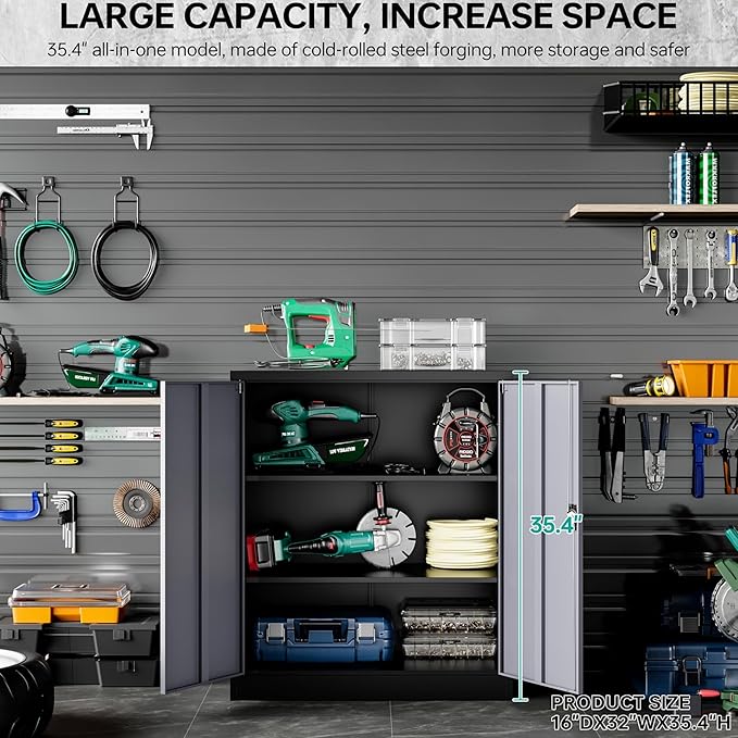 SISESOL Small Metal Cabinet with Shelves,36 inch Garage Storage Cabinet with Lock,Gray Metal Storage Cabinets with Locking Doors,Small Steel Lockable Cabinets for Home,Office,Shop,Garage
