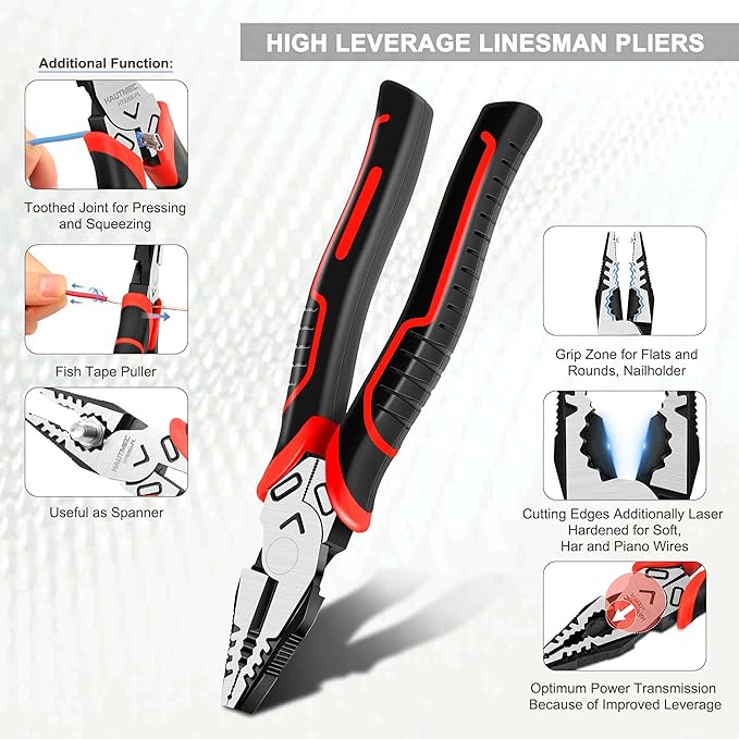 HAUTMEC 3PCS High Leverage Multi Plier Tool Set Include 8" Needle Nose Pliers Set, 8" Linesman Pliers, 6" Diagonal Cutting Plier, HT0270