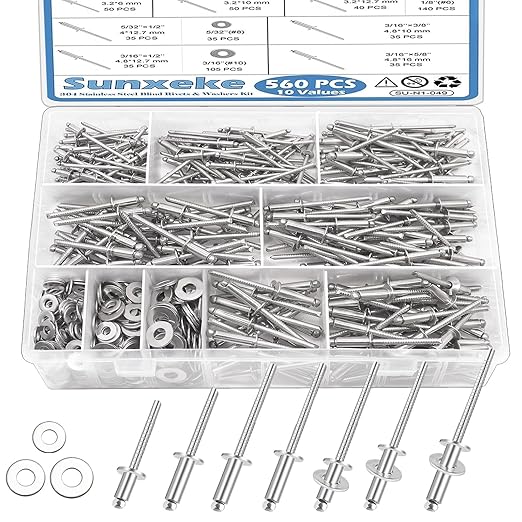 560pcs 304 Stainless Steel Pop Rivets with Washers Assortment Kit,7 Sizes Pop Aluminum Rivets(1/8in 5/32in 3/16in),Assorted Blind Rivets for DIY/Automotive Repairs/Furniture with Labeled Case