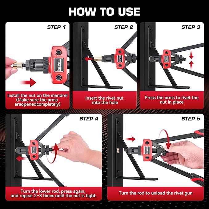 14" Rivet Nut Tool Kit, Heavy-Duty Rivnut/Nutsert Tool with 7 Mandrels (M6, M8, M10, 1/4"-20×2, 5/16"-18, 3/8"-16) & 70 Rivet Nuts, Rugged Rivnut Tool Kit with Carrying Case (14" Rivet Nut Tool Kit)