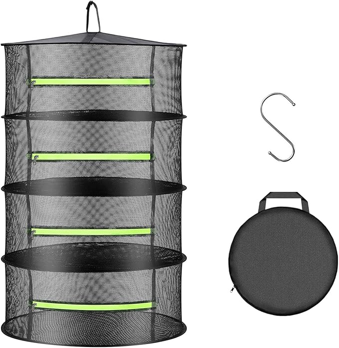 1.5ft Herb Drying Rack Net Mesh with Green Zippers Hydroponics, Bonus Hook Drying Rack for Plant Bud Seed, Mesh Hanging Plant Dry, Herb Dry Net for Garden (4 Layers, Green Zipper)