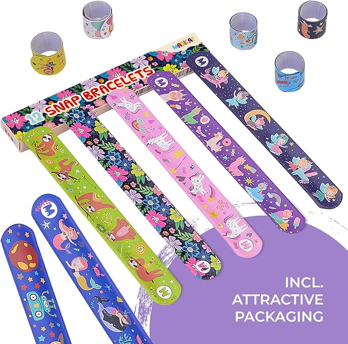 Magicat Premium Slap Bracelets - 12 Fun Snap Bracelets for Kids - Girls and Boys Birthday Party Gift, Classroom Prizes and Basket Stuffers - Slap Bracelets for Kids - Unicorn, Robot, Princess-VeraVaultWomen