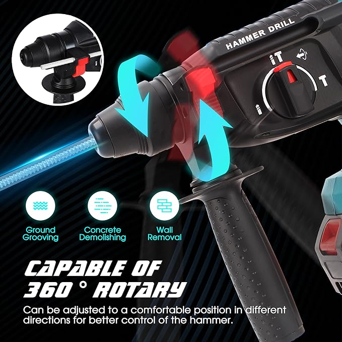 1-1/4 Inch Cordless Rotary Hammer Drill SDS-Plus Brushless for Makita 18-21V Battary, 4000BPM Jack Demolition Hammer Drill for Concrete with Safety Clutch 3 Functions & Toolbox（Battery Not Included）