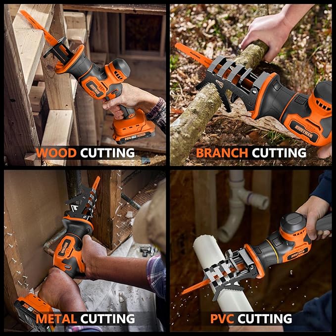Alloyman Reciprocating Saw, 20V Cordless Battery Power Saw, with 2 X 2.0Ah Batteries & Charger, 0-3500 SPM Variable Speed, Tool-Free Change, 5 PCS Blades for Wood Metal PVC Pipe Tree Cutting
