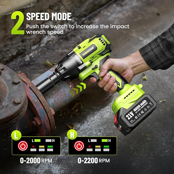 Cordless Impact Wrench, 885Ft-lbs (1200N.m) 1/2" Brushless Impact Gun, 21V High Torque Power Impact Driver, 2x4.0Ah Batteries Electric Impact Motor Variable Speeds for Car/Truck RV/Mower