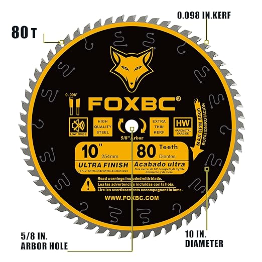 FOXBC 10-Inch Table Saw Blade, 80-Tooth, Ultra Finish Wood Cutting, 5/8-Inch Arbor