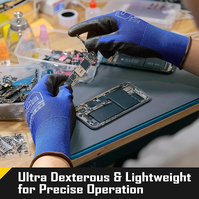 COOLJOB 12/60 Pairs Safety Work Gloves Pack Bulk with Grip PU Coating, 13 Gauge Seamless Knit Gloves with Polyurethane Dipped for Warehouse Working, Breathable Lightweight for Men Women, Blue Small