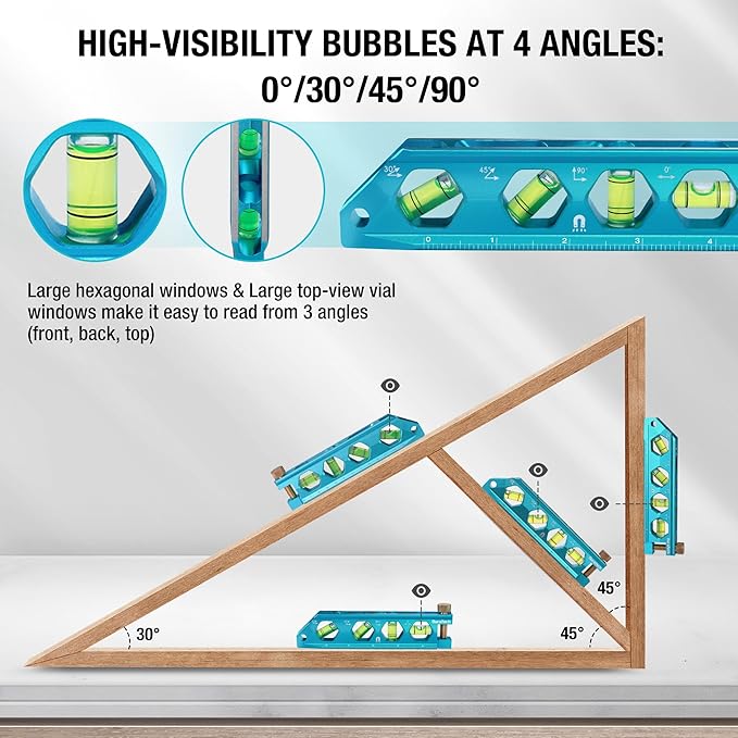 DURATECH 6.25-Inch Level, Magnetic Torpedo Level with 0°/30°/45°/90° Bubbles, V-Groove, Large Viewing Window, Aluminum Alloy Body, Hanging Hole, SAE and Metric Scale for DIY Projects and Household Use