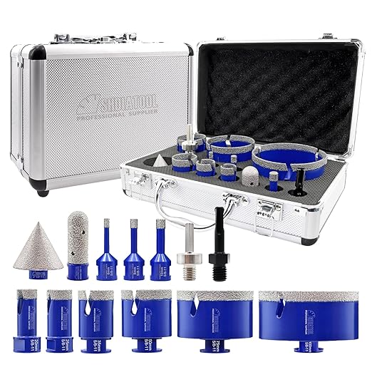 SHDIATOOL Diamond Tile Drill Bits Kit 13pcs, Porcelain Hole Saw Sets, Core Bits Cutter for Drilling Ceramic Marble Granite (6/8/10/20/25/35/50/75/100/20MM/2/SDS/HEX)