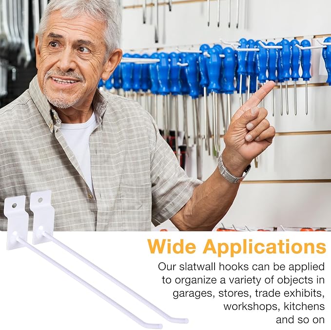 Moxweyeni 100 Pack Slatwall Hooks Slatwall Accessories Slat Wall Hanging Pegboard Hangers Slat Board Display Hooks for Retail Garage Organization Gridwall, White(7.8 Inch)