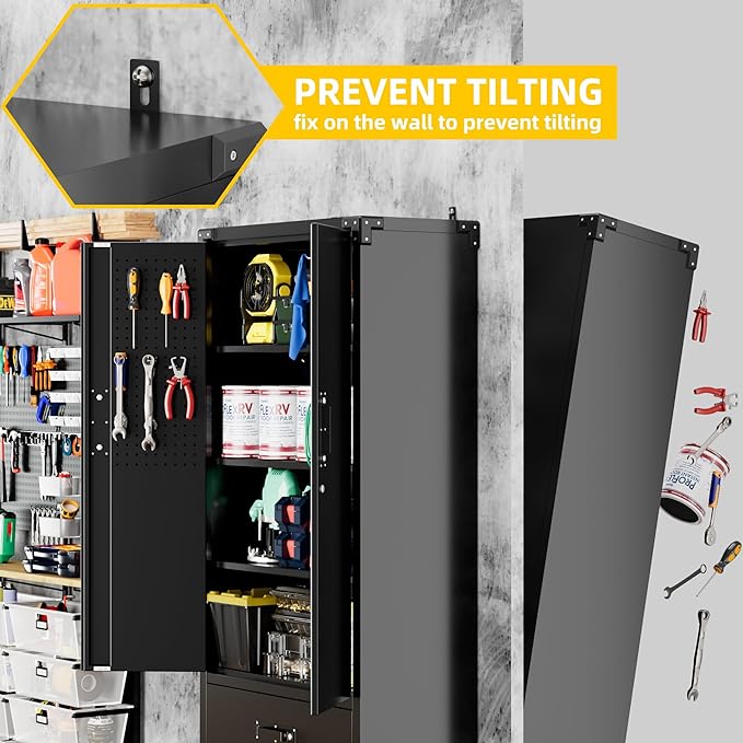 Aobabo 2 Large Drawer Metal Storage Cabinet with Wheels, Lockable Steel Storage Cabinet with 3 Adjustable Shelves and 6 Hooks for Home, Office, Garage, Classroom, Black, Assembly Required