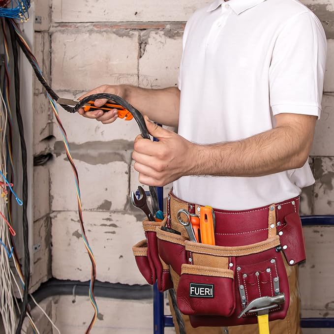 FUERI Leather Tool Belt Bag Men Pouch Heavy Duty Tools Pouches Organizer for Carpenter Construction Electrician Belts Bags Holder (11 Pocket Maroon, Adjustable)