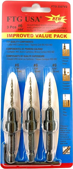FTG USA Countersink Drill Bit Set 3 Pc #6 (9/64") with Tapered Drill Bits for Woodworking