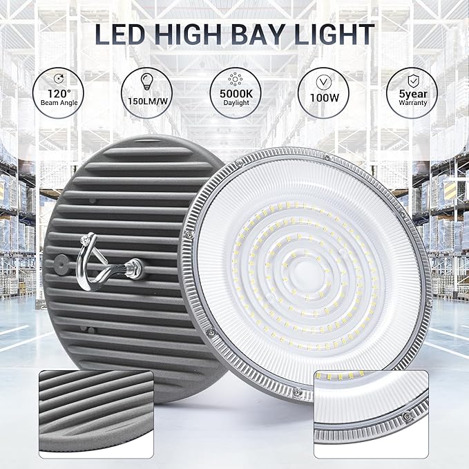 15 Pack 100W UFO Led High Bay Light,IP66 Waterproof,120VAC,15050LM 5000K Daylight Area Lighting,450W MH/HPS with Plug Commercial Bay Lighting for Warehouse/Shop/Workshop/Barn/Gym/Factory