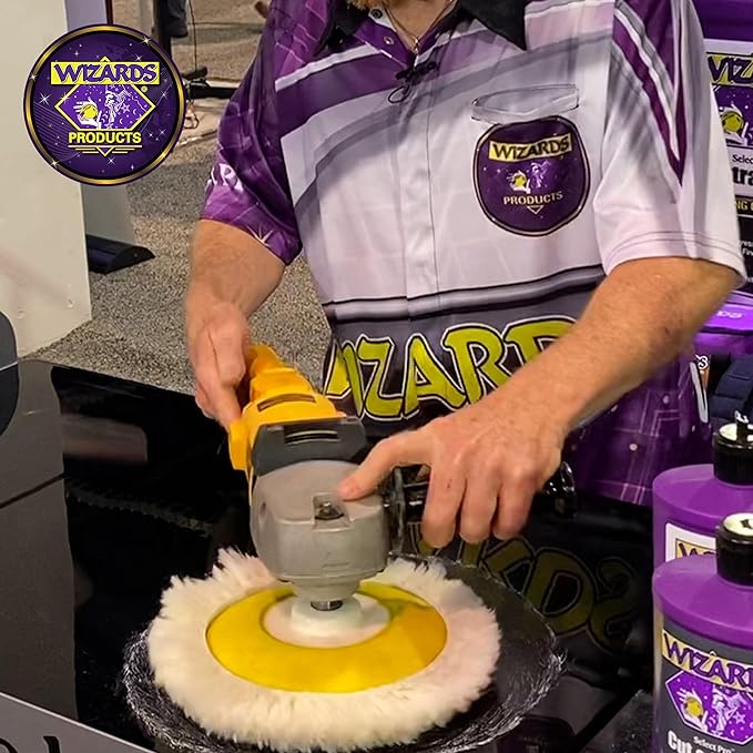 Wizards Fast Cut Wool Buffing Pad - Twisted Wool ‎and Velcro-Backed Wax Applicator Pad - for Auto Detailing, Cleaning and Protection - Aggressively Cuts Without Burning Paint - 7½" x 1"