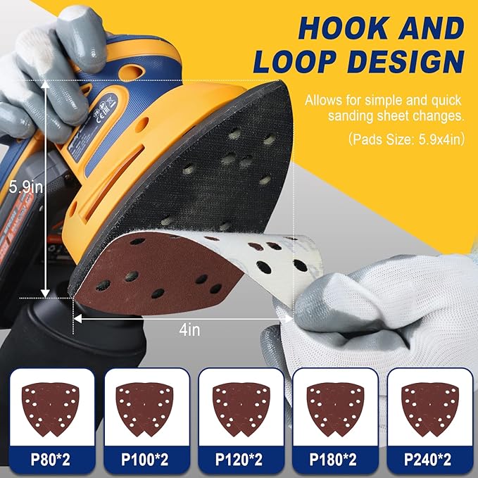 Cordless Detail Sander Compatible with Dewalt 20v Max Battery, 1.9Amp, Dust Collector, Brushless 12,000 OPM Speed, Compact Soft Palm Grip, 10pcs Sanding Pads, 2.0Ah Charger & Battery Kit