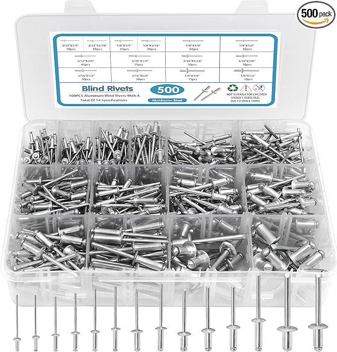 500pcs Pop Rivets Assortment Kit,14 SAE Sizes Aluminum Rivets (3/32" 1/8" 5/32" 3/16" 1/4"), Assorted Blind Rivets with Reinfored Divider & Labeled Case
