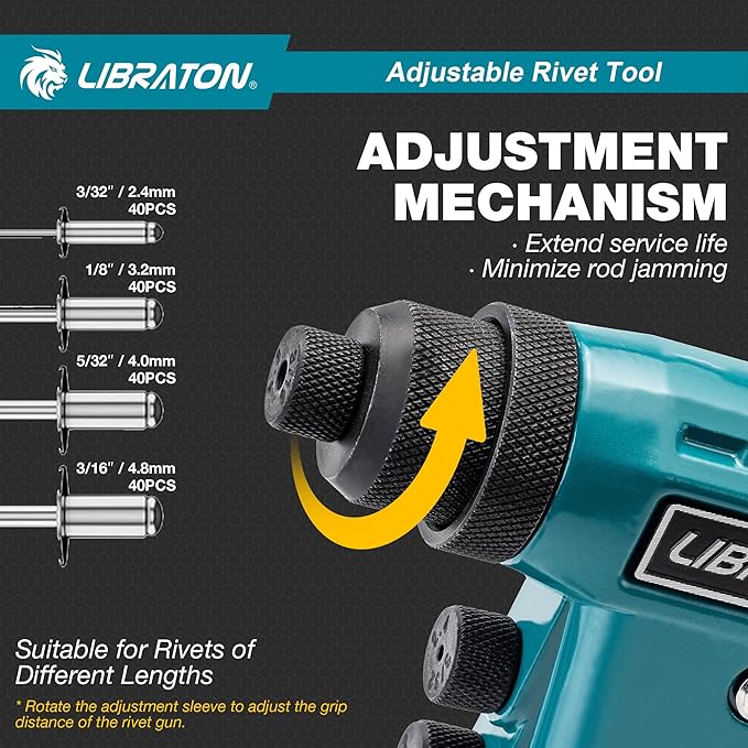 LIBRATON Heavy-Duty Rivet Gun, Pop Rivet Gun Set, Professional Hand Riveter, Manual Riveting Tool with 160 Aluminum Rivets, Includes 4 Drill Bits, 4 Tool-Free Interchangeable Nozzles, Storage Case