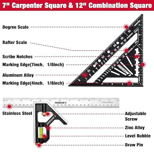 Arrow 7-Inch Aluminum Alloy Carpenter Square and 12-Inch Zinc Alloy Combination Square Set, Woodworking Rafter Layout Ruler Tool Combo