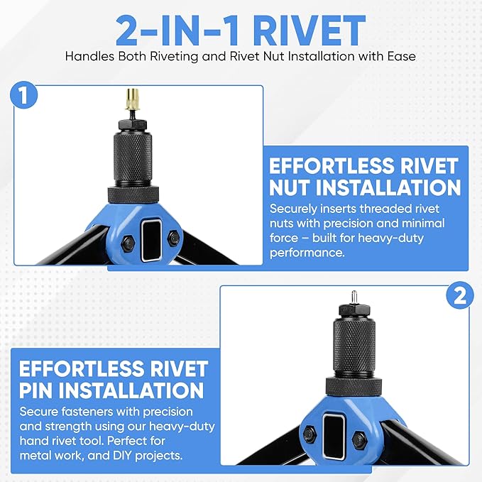 Dual Function Hand Rivet Gun with Rugged Carrying Case – Heavy Duty Single Hand Riveter with 400+ pcs Rivet Nuts, 15 Mandrels, 5 Rivet Nozzles, Blind Rivets for Plastic, Wood, Metal, Leather