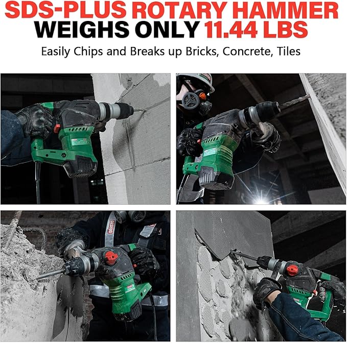 1-1/4" SDS-Plus Rotary Hammer Drill, 12.5 Amp 3 Functions Corded Vibration Control Rotomartillo with Safety Clutch for Concrete, Includes 3 Drill Bits, 2 Chisels, Carrying Case