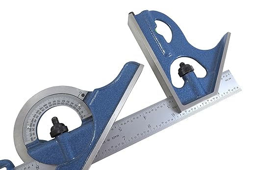 PEC 12" 4R 4 Piece Combination Machinist Square with reversing Protractor Marked with 1/32", 1/64", 1/8", 1/16"
