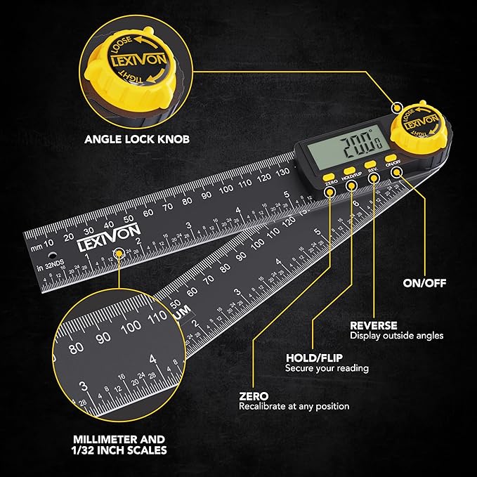 LEXIVON Aluminum Digital Angle Finder Gauge, 7-inch/180mm Multi-Purpose Protractor, Includes XL Display and Rugged Zippered Pouch (LX-DAF7)