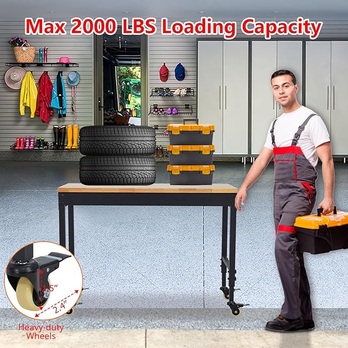 72" x 25" Heavy-Duty Adjustable Workbench with Power Outlets - 2000LB Capacity Garage Workbench, Rubberwood Top, Locking Wheels, Mobile Workstation for Workshop, Office & Home