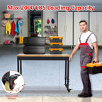 72" x 25" Heavy-Duty Adjustable Workbench with Power Outlets - 2000LB Capacity Garage Workbench, Rubberwood Top, Locking Wheels, Mobile Workstation for Workshop, Office & Home