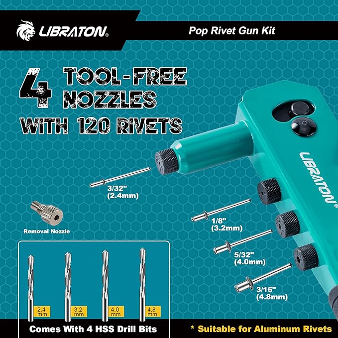 Libraton Rivet Gun Kit, Pop Rivet Gun, Heavy Duty Rivet Tool, Professional Hand Riveter, Manual Riveting Tool with 120 Blind Rivets, 4 HSS Drill Bits, 4 Tool-free Interchangeable Heads
