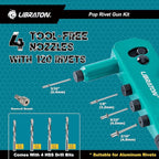 Libraton Rivet Gun Kit, Pop Rivet Gun, Heavy Duty Rivet Tool, Professional Hand Riveter, Manual Riveting Tool with 120 Blind Rivets, 4 HSS Drill Bits, 4 Tool-free Interchangeable Heads