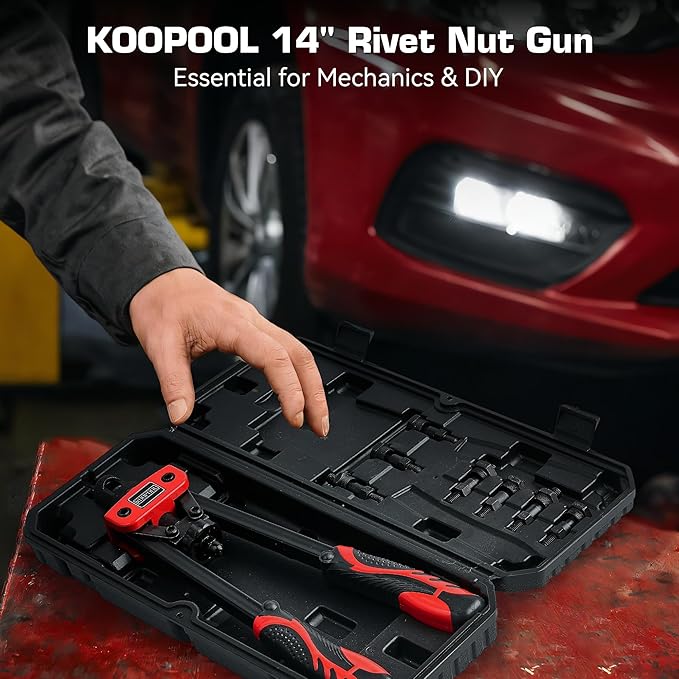 14" Rivet Nut Tool Kit, Heavy-Duty Rivnut/Nutsert Tool with 7 Mandrels (M6, M8, M10, 1/4"-20×2, 5/16"-18, 3/8"-16) & 70 Rivet Nuts, Rugged Rivnut Tool Kit with Carrying Case (14" Rivet Nut Tool Kit)