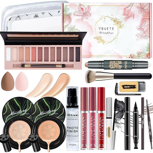 Makeup Kit Set for Women, Makeup Present for Women Teens Girl, Eyeshadow Palette Air Cushion CC Cream Primer Brush Spong Contour Lipstick Eyebrow Soap Mascara Eyeliner C-VeraVaultWomen