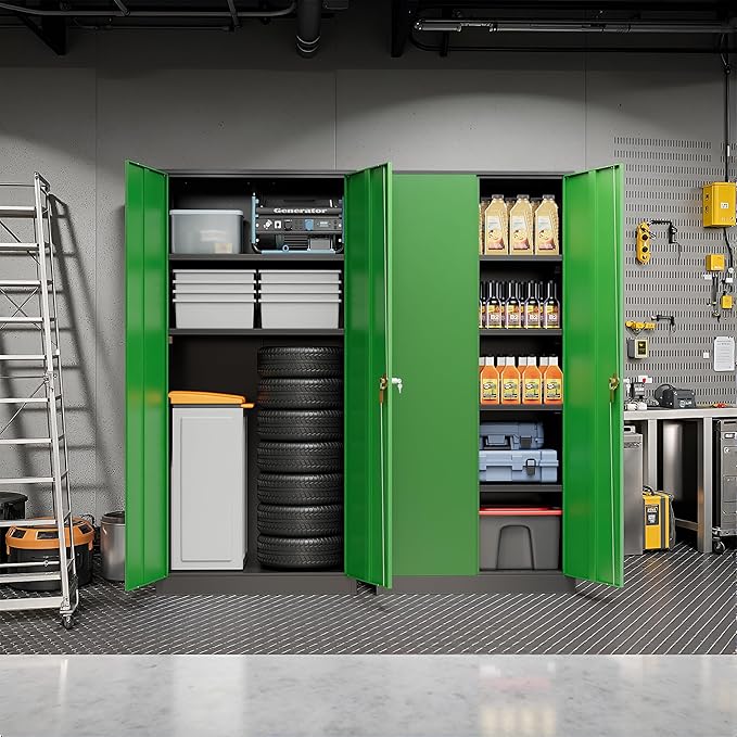 Pataku Metal Storage Cabinet, 72" Garage Cabinet with Doors and Shelves Lockable Steel Multifunctional Cabinets, File Cabinets for Home, Office, Warehouse(Black Green)