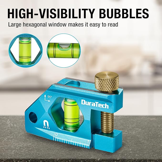 DURATECH 2.5-Inch Level, Magnetic Torpedo Level with 90° Bubbles, V-Groove, Large Viewing Window, Aluminum Alloy Body, Hanging Hole, SAE and Metric Scale for DIY Projects and Household Use