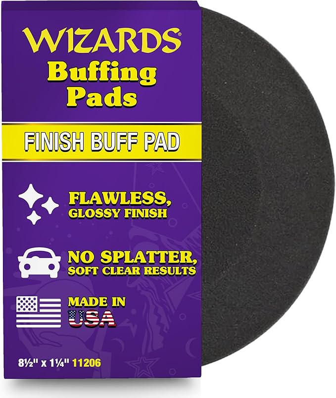 Wizards Foam Finish Buff Pad - Velcro Backed, Light Polish Foam Pad for Car Detailing - ‎No Splatter with Soft Clears Results for Auto Detailing Supplies - ‎8½" x 1¼"