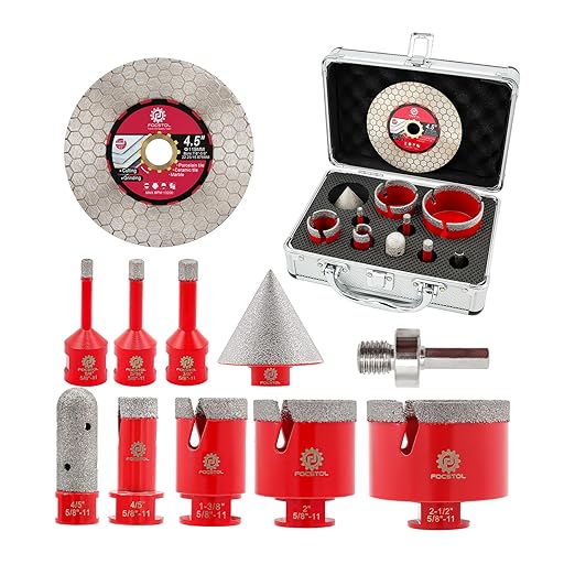 Diamond Core Drill Bit Set - FOCSTOL 11pcs Diamond Hole Saw Kit for Porcelain Tile Ceramic Marble Granite (6/6/8/20/35/50/65mm+20mm Finger Milling Bit+50mm Beveling Chamfer Bit+Hex+115mm Saw Blade)