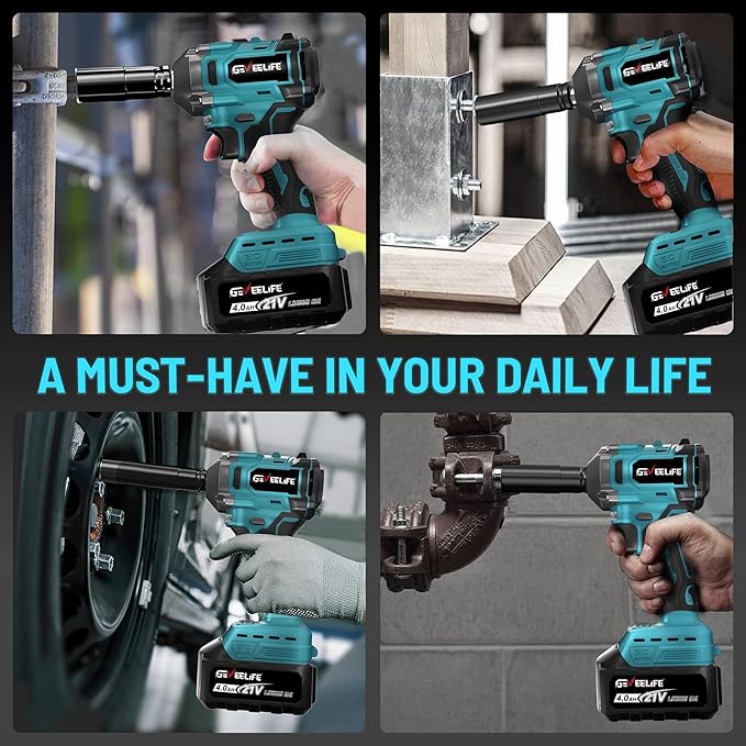 450N.m/332Ft-lbs Brushless Impact Wrench,1/2" Cordless Impact Gun with 4.0Ah Battery & 6 Sockets, Electric Impact Driver for Car/DIY Furniture/Lawn Mower/blue (450N)